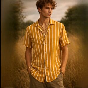 Men’s Original Use Mustard Stripe Short Sleeve Blouse Shirt